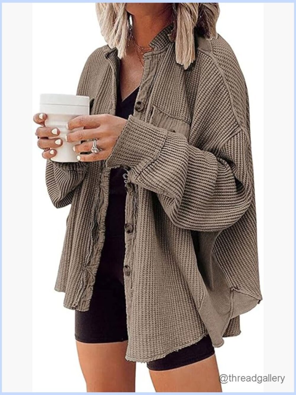 Oversized Waffle Knit Button Down Shirt Jacket Shacket